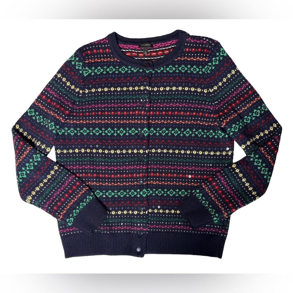 Talbots Fair Isle Navy stripe Lambswool Sequin Cardigan Sweater Cottagecore SZ L - Picture 3 of 5